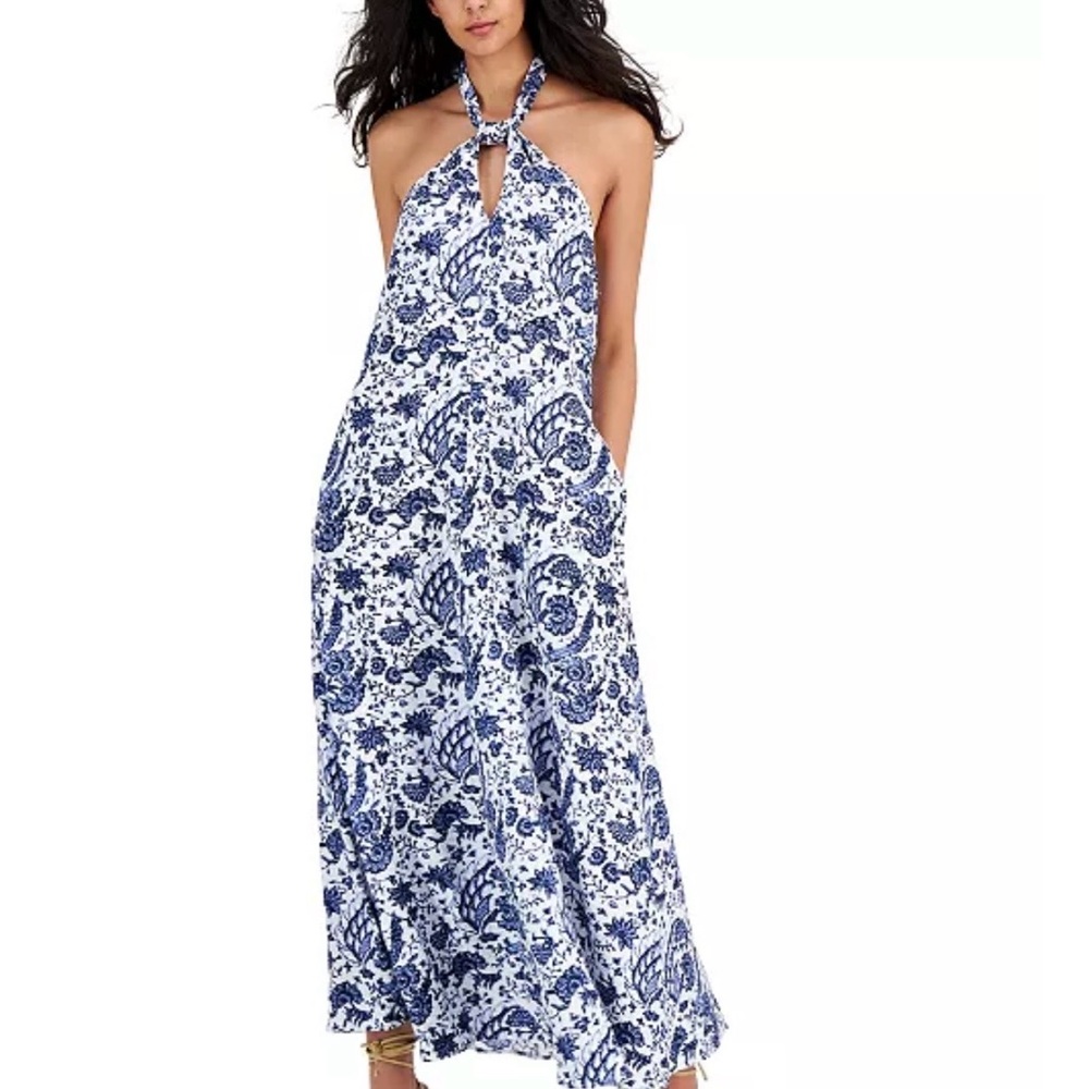 INC Blue White Paisley Halter Maxi Dress Resort Coastal Size S
